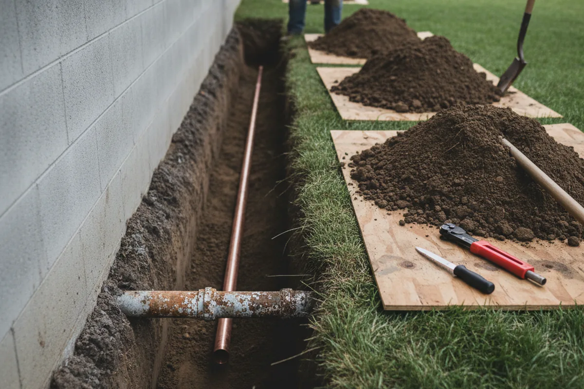 Excavated water line trench during Sewer Line Repair in Oktaha